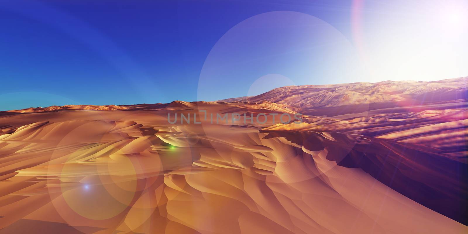 Dunes sunset over the desert. 3d rendering illustration