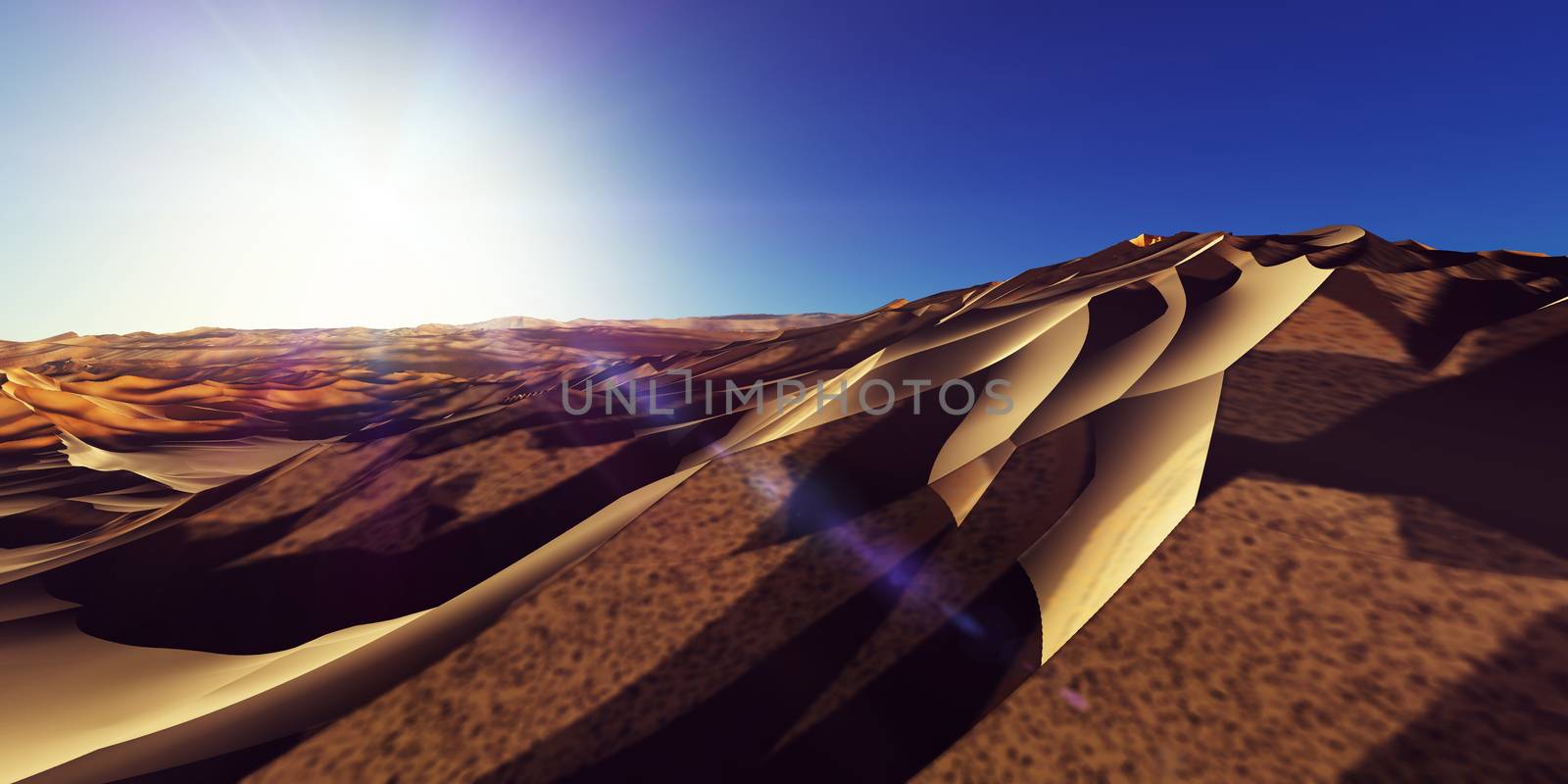 Dunes sunset over the desert. 3d rendering by alex_nako