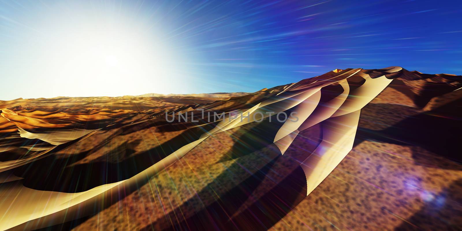 Dunes sunset over the desert. 3d rendering by alex_nako