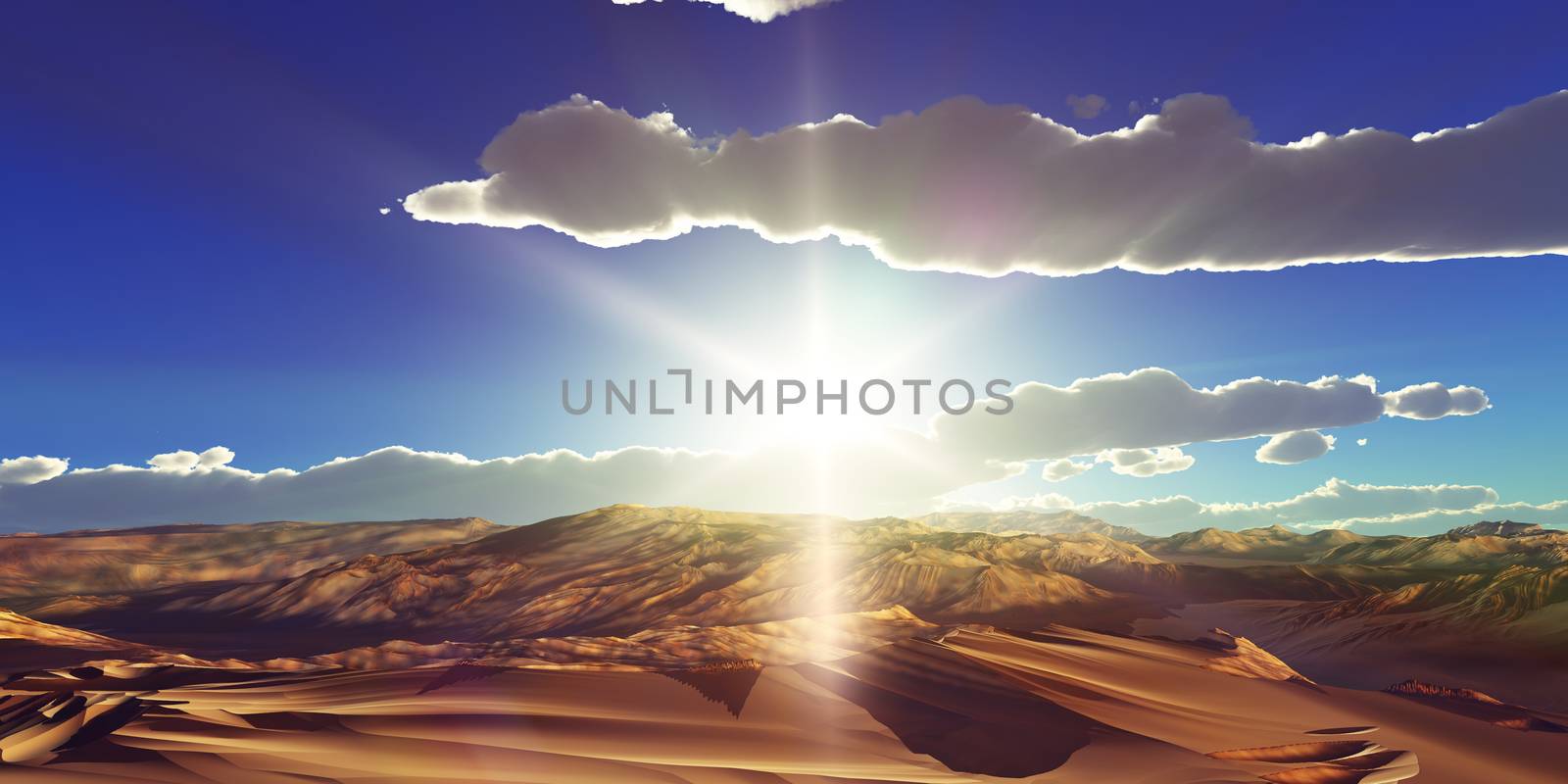 Dunes sunset over the desert. 3d rendering by alex_nako