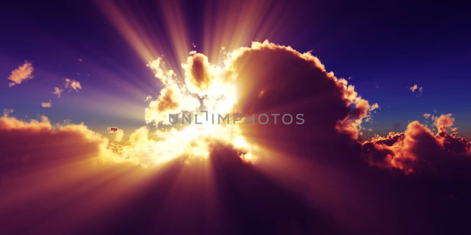 above clouds sun ray sunset. 3d render illustration