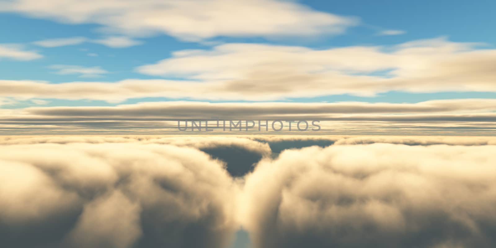 Beautiful aerial view above clouds with sunset. 3d illustration by alex_nako