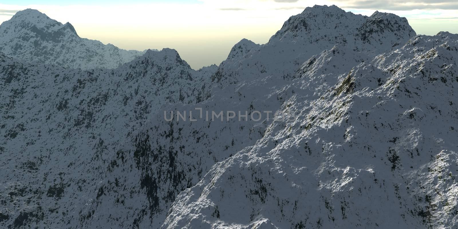 Winter high mountains with snow. 3d illustration