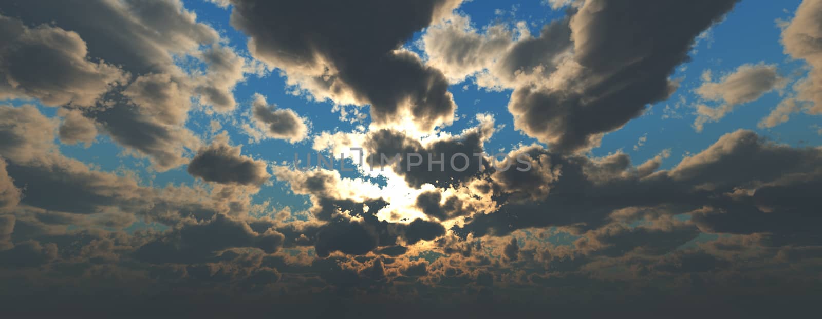 Sunset / sunrise with clouds, light rays and other atmospheric effect, 3d illustration by alex_nako