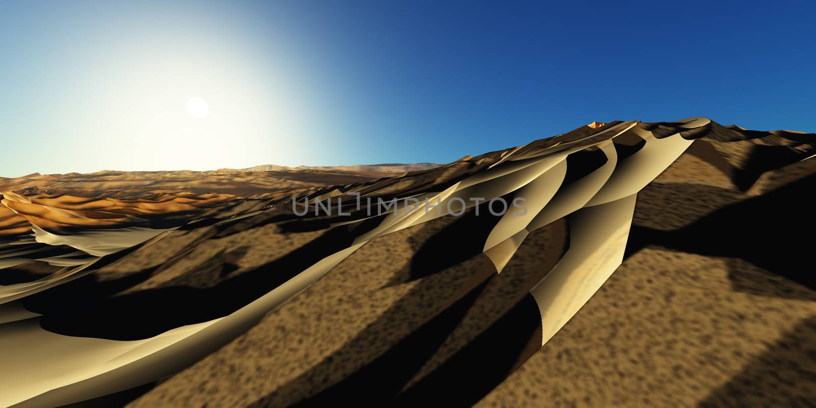 Dunes sunset over the desert. 3d rendering by alex_nako