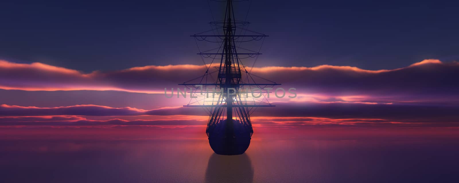 old ship sunset at sea 3d rendering illustration