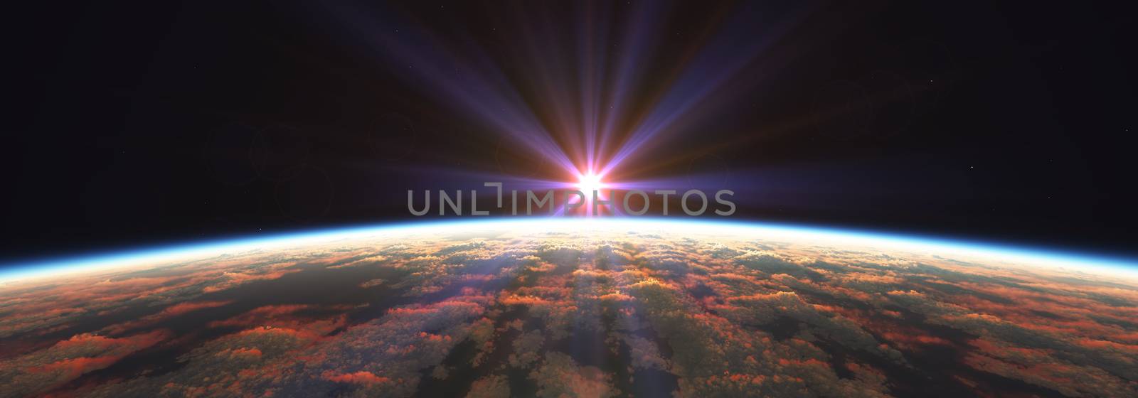 Earth sunrise from space over cloudy ocean. 3d rendering by alex_nako