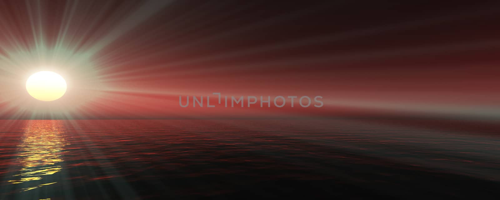 sunset sea sun ray clear sky. 3d rendering by alex_nako