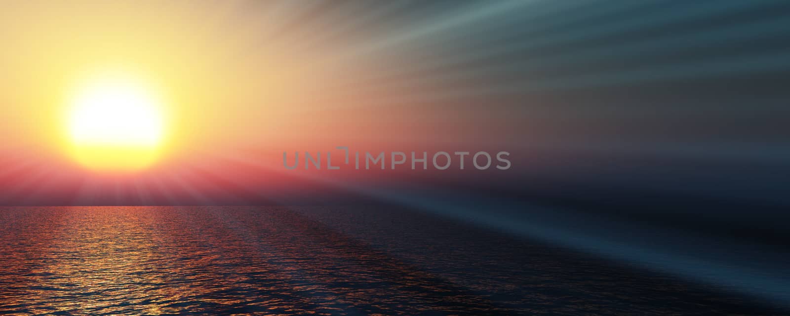 sunset sea sun ray clear sky. 3d rendering by alex_nako