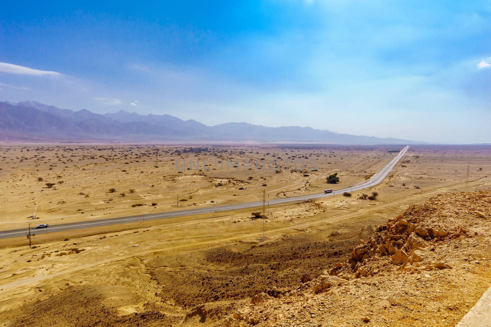 View of the Arava desert landscape, and the Arava road (90), between Israel and Jordan