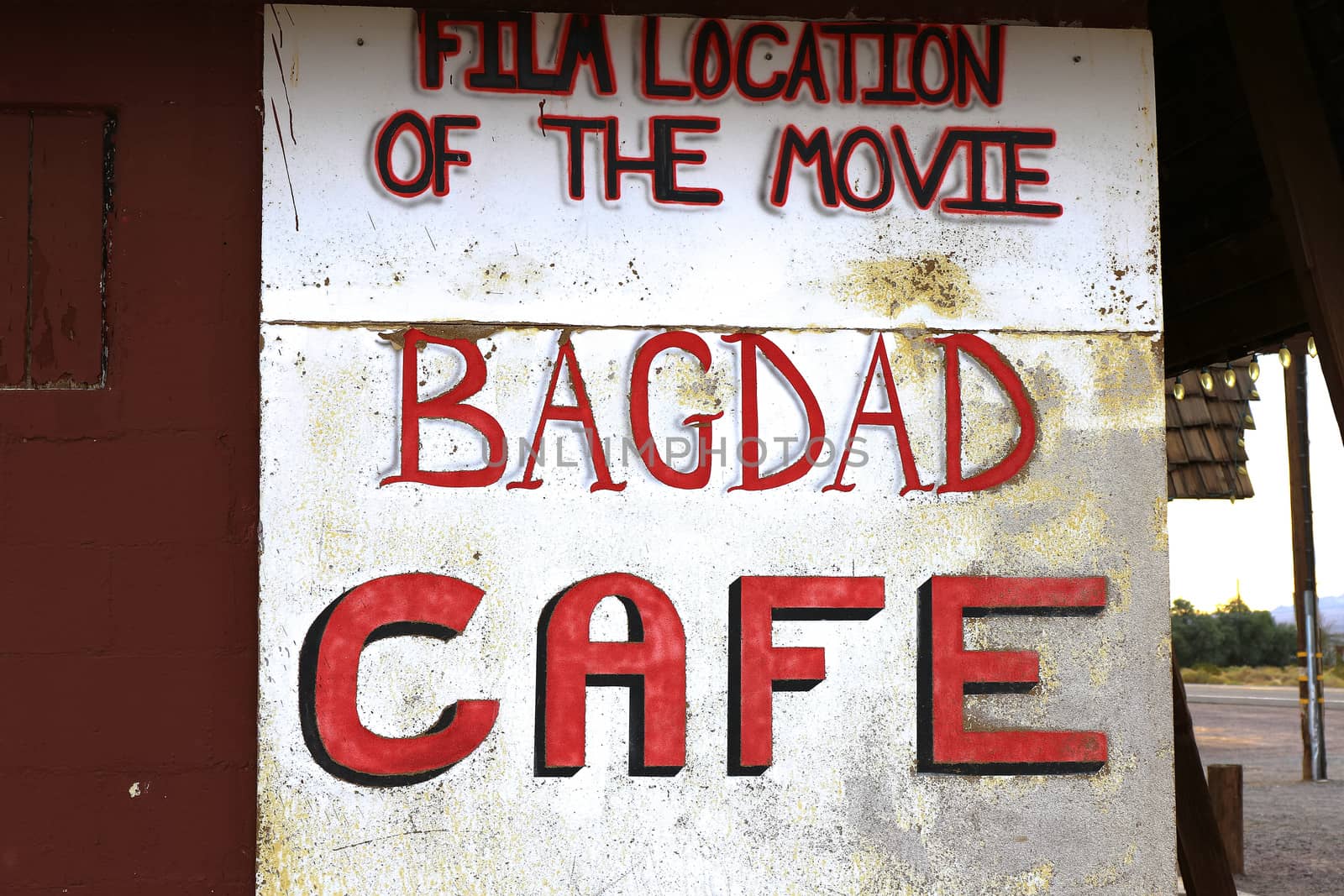 Bagdad, California, USA - Oct 29, 2015: The Bagdad Cafe from the 1960s along Route 66 in the Mojave Desert that was made famous upon the release of the 1987 German film under the same name.