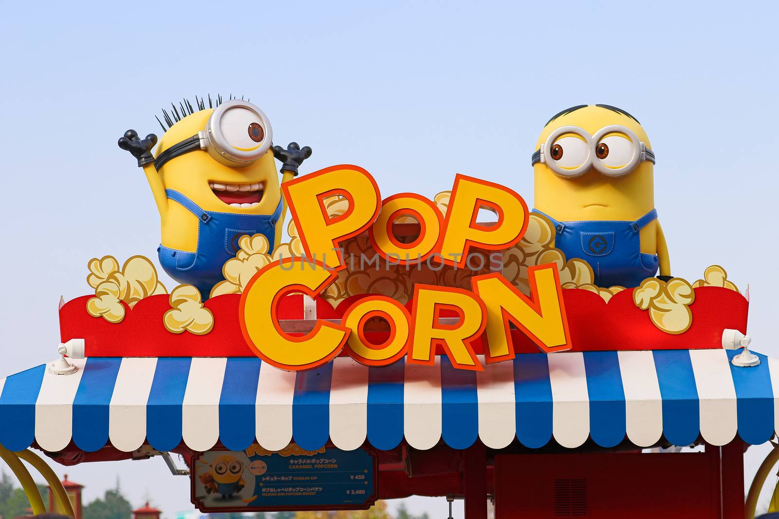 OSAKA, JAPAN - APR 21, 2017 : Photo of "HAPPY MINION POP CORN SHOP", selling Minion Pop Corn, located in Universal Studios, Osaka, Japan. Minions are famous character from Despicable Me animation.