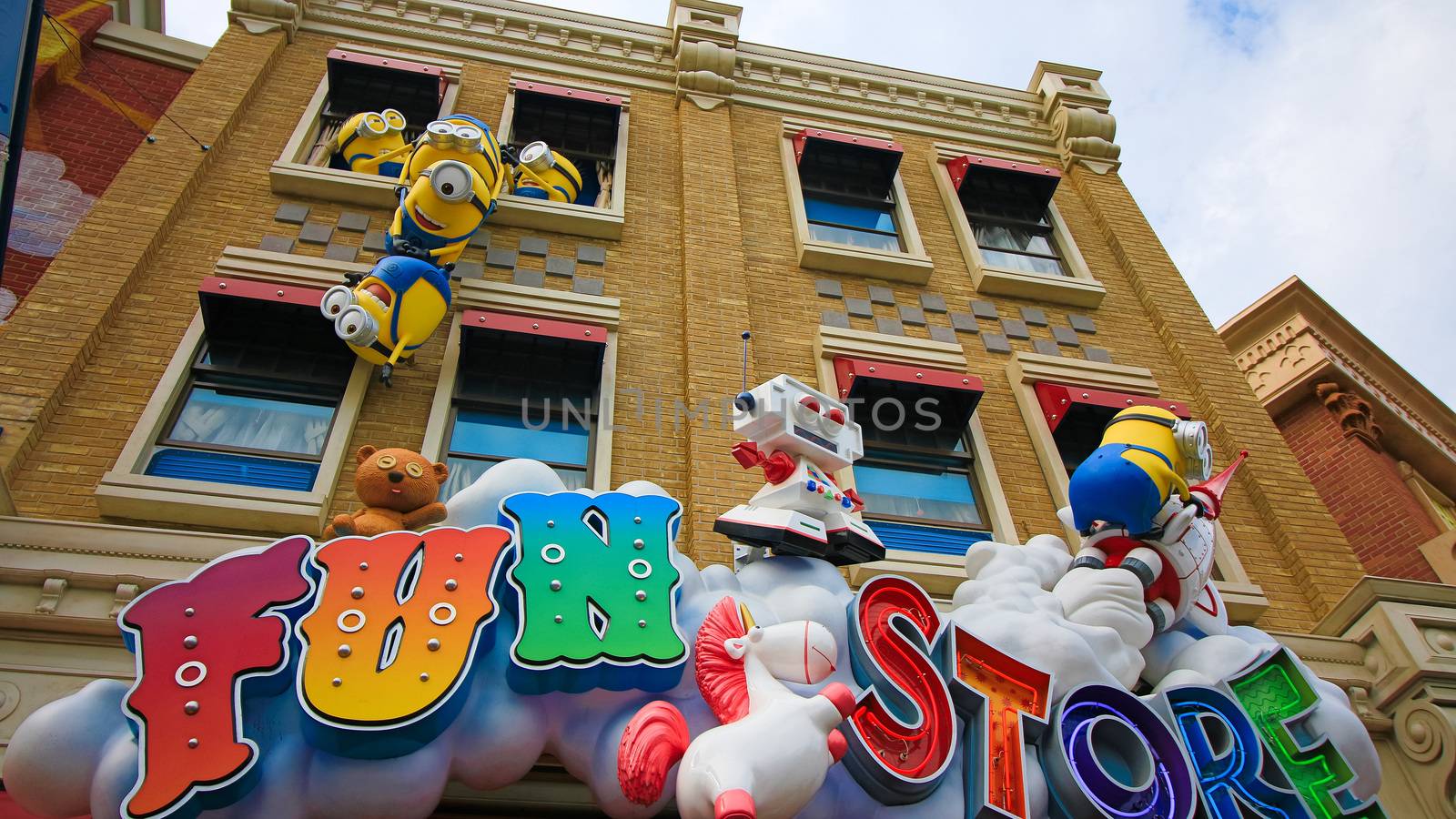 Osaka, JAPAN - NOVEMBER 03 2017: Statue of Minions from Despicable Me Minion Mayhem Movie at Minion Park in Universal Studios JAPAN.Universal Studios JAPAN is a theme park in Osaka.