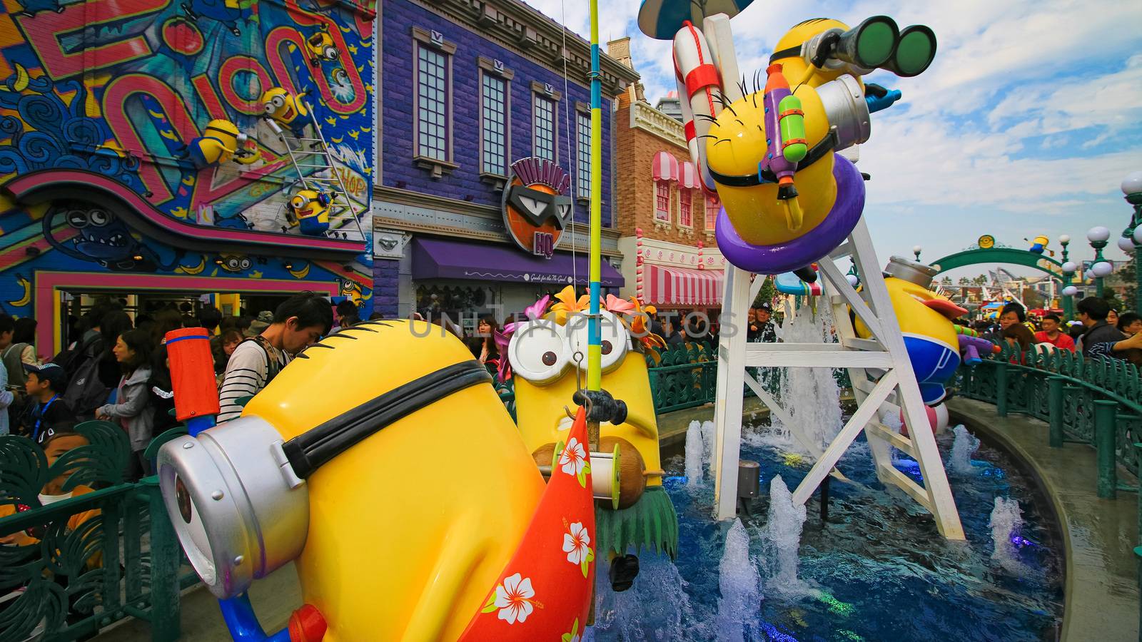 OSAKA, JAPAN - November 03, 2017 : Statue of MINIONS at MINION PARK ENTRANCE in Universal Studios JAPAN.  Minions are famous characters from Despicable Me animation.
