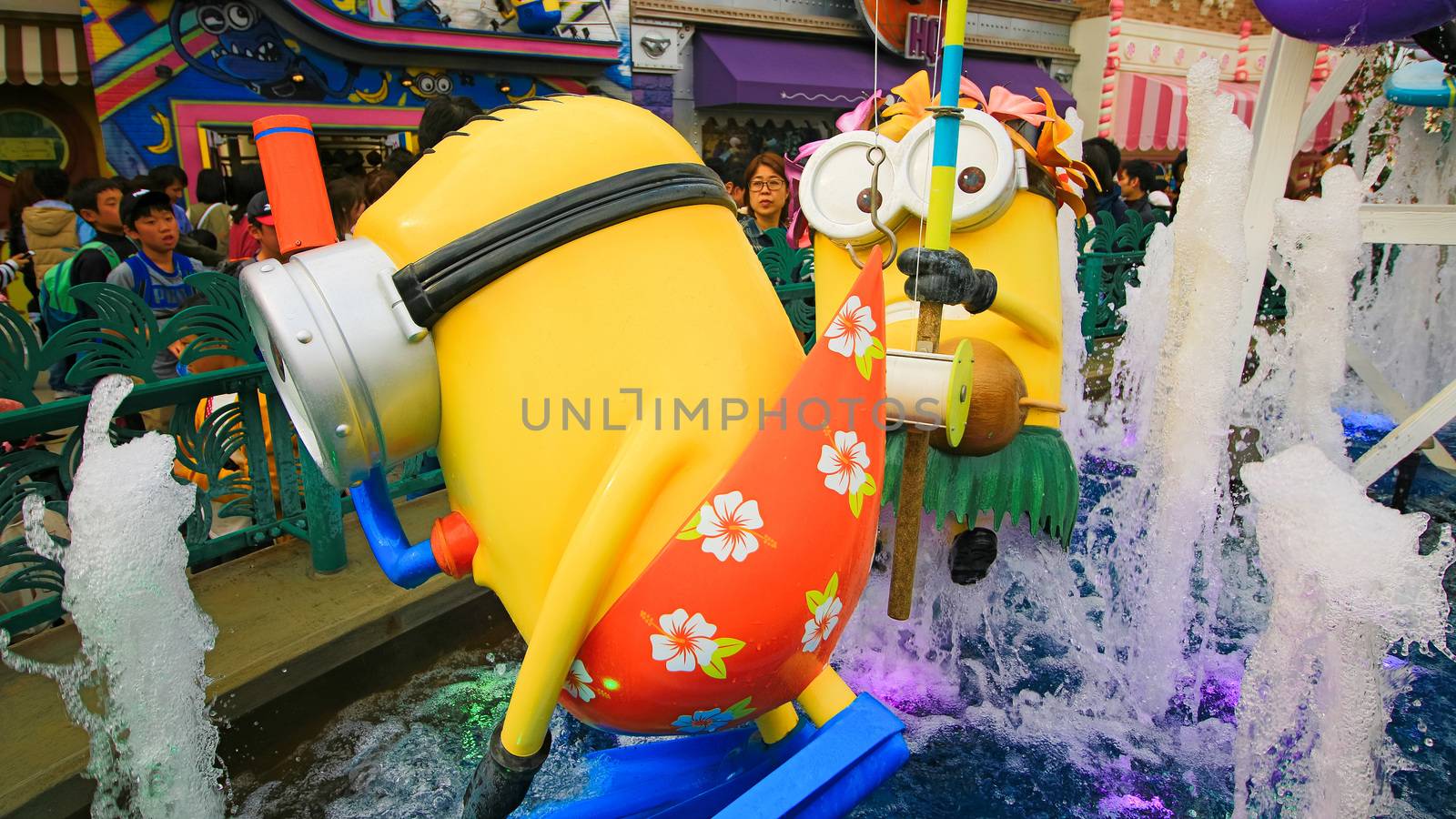 OSAKA, JAPAN - November 03, 2017 : Statue of MINIONS at MINION PARK ENTRANCE in Universal Studios JAPAN.  Minions are famous characters from Despicable Me animation.