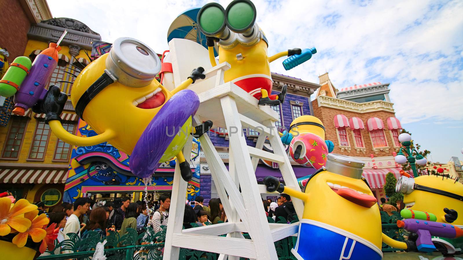 OSAKA, JAPAN - November 03, 2017 : Statue of MINIONS at MINION PARK ENTRANCE in Universal Studios JAPAN.  Minions are famous characters from Despicable Me animation.