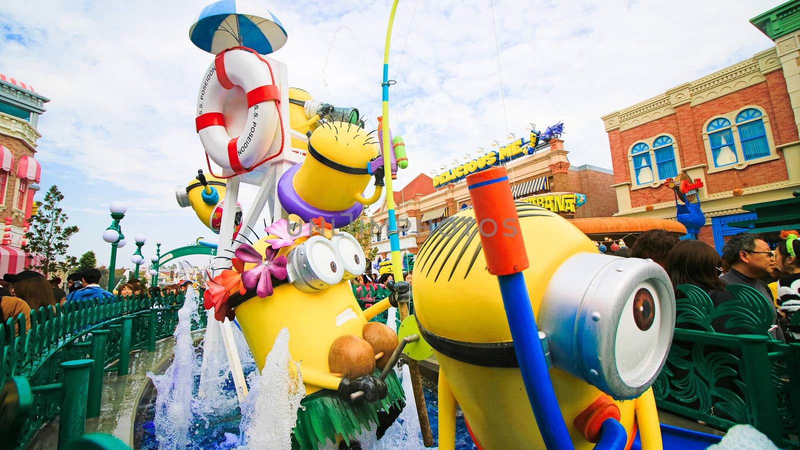 Osaka, JAPAN - NOVEMBER 03 2017: Statue of Minions from Despicable Me Minion Mayhem Movie at Minion Park in Universal Studios JAPAN.Universal Studios JAPAN is a theme park in Osaka.