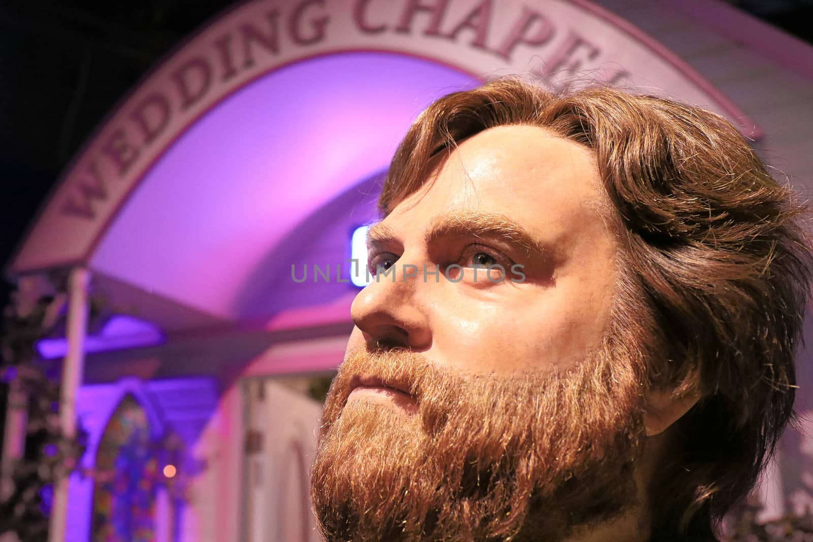 LAS VEGAS NV - Oct 09 2017: Zach Galifianakis wax figure with movie set from HANGOVER movie at Madame Tussauds museum in Las Vegas.