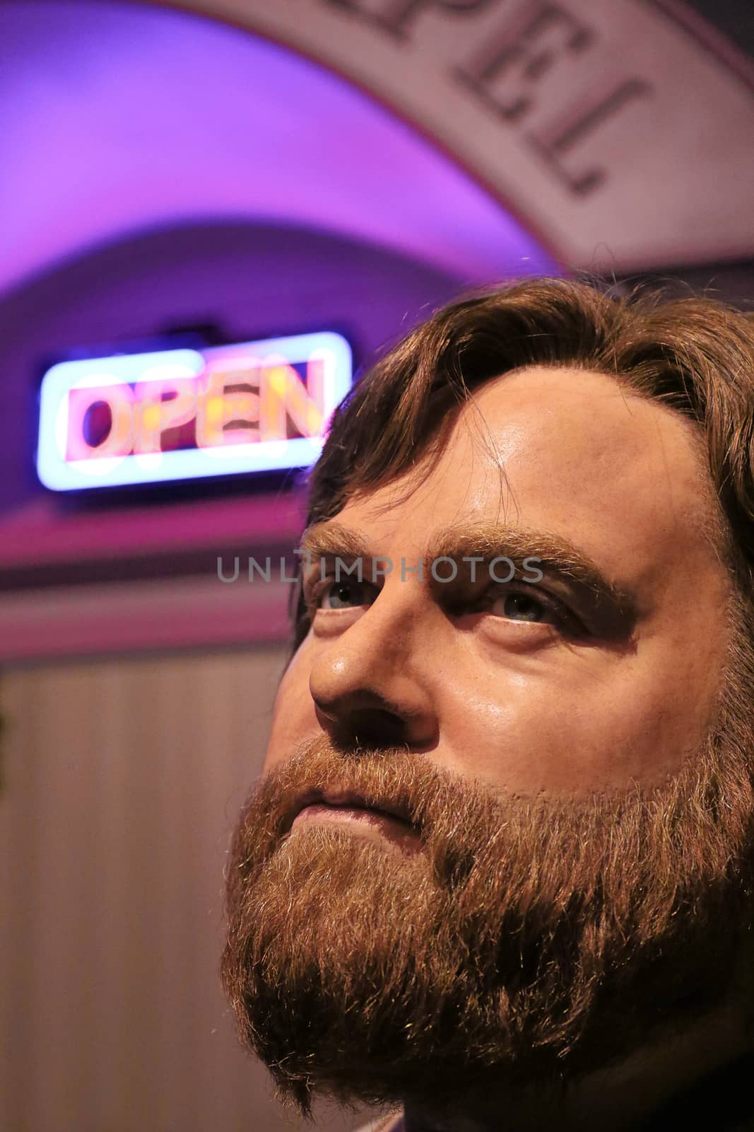 LAS VEGAS NV - Oct 09 2017: Zach Galifianakis wax figure with movie set from HANGOVER movie at Madame Tussauds museum in Las Vegas.