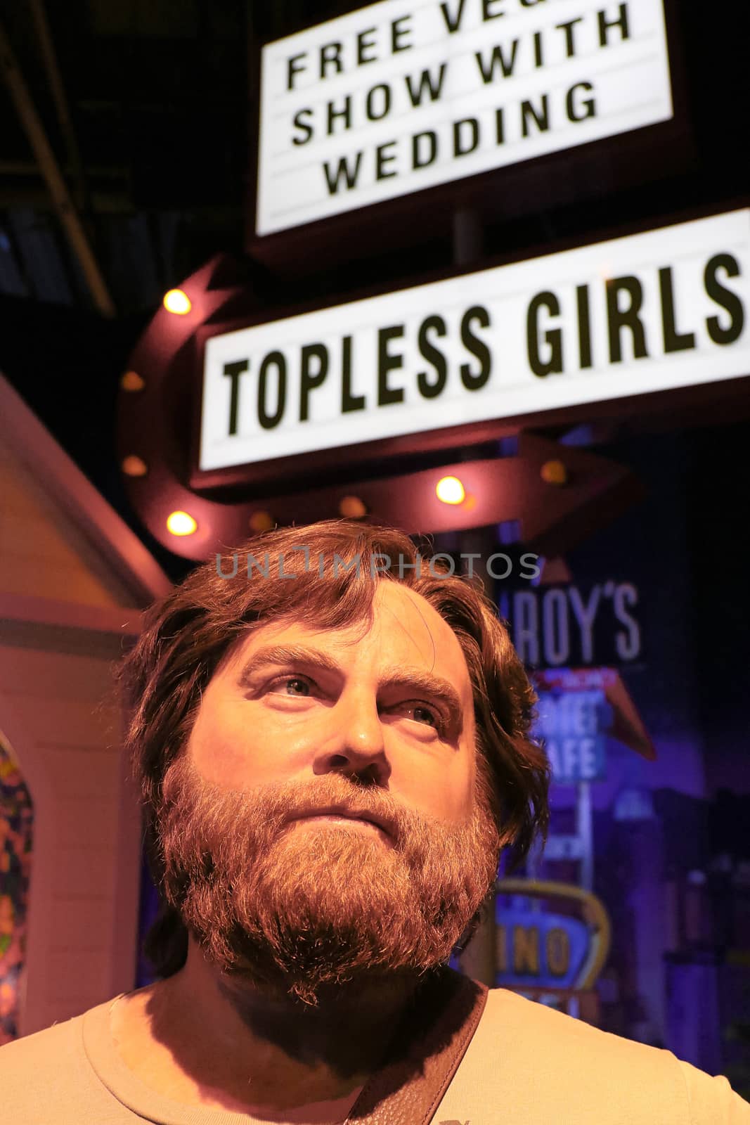 LAS VEGAS NV - Oct 09 2017: Zach Galifianakis wax figure with movie set from HANGOVER movie at Madame Tussauds museum in Las Vegas.