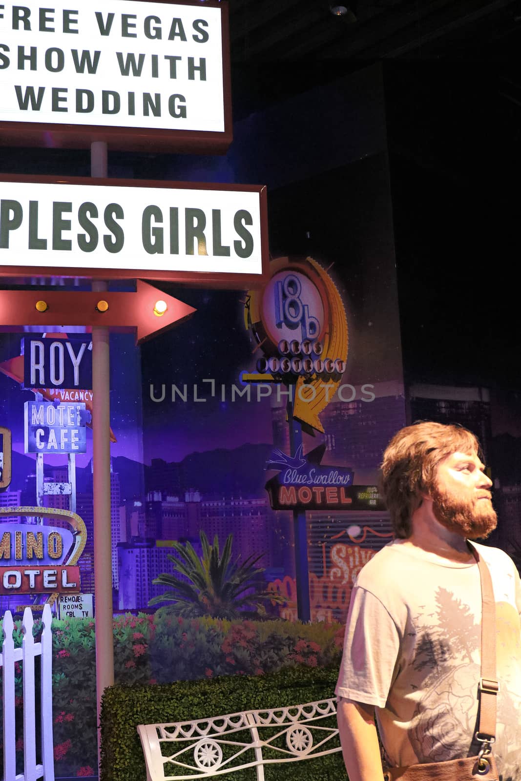 LAS VEGAS NV - Oct 09 2017: Zach Galifianakis wax figure with movie set from HANGOVER movie at Madame Tussauds museum in Las Vegas.