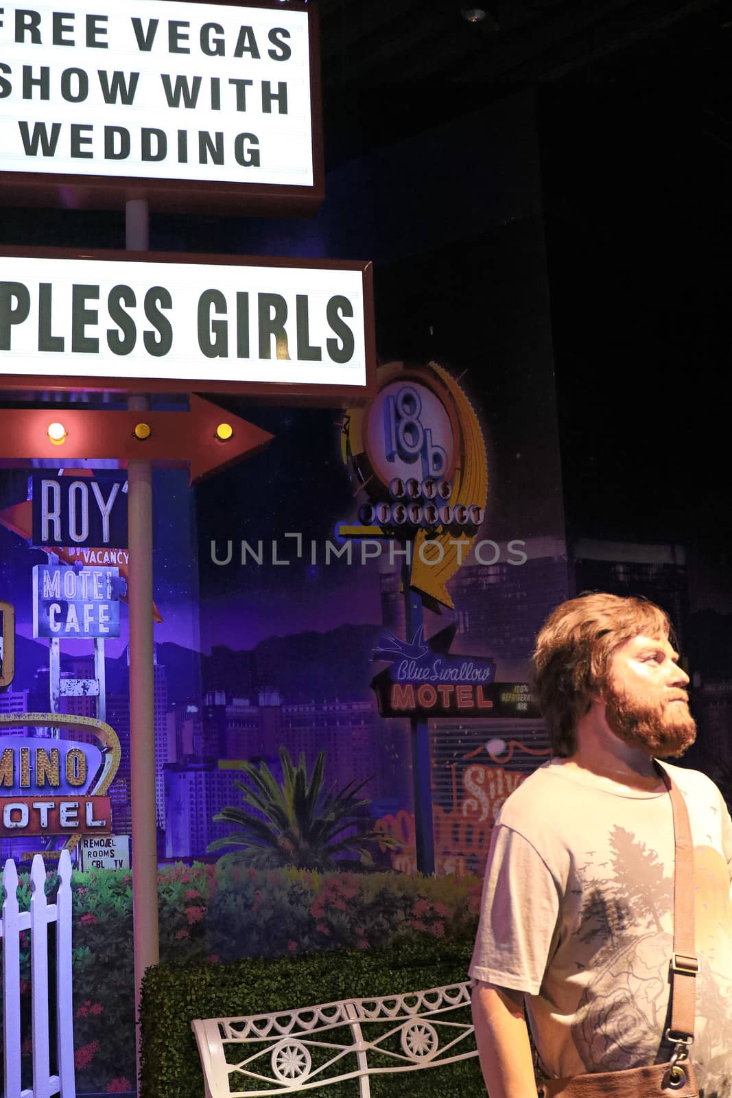 LAS VEGAS NV - Oct 09 2017: Zach Galifianakis wax figure with movie set from HANGOVER movie at Madame Tussauds museum in Las Vegas.