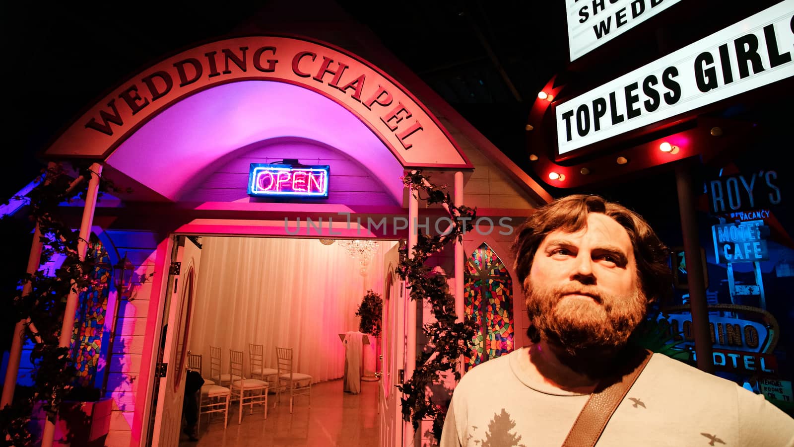 LAS VEGAS NV - Oct 09 2017: Zach Galifianakis wax figure with movie set from HANGOVER movie at Madame Tussauds museum in Las Vegas.