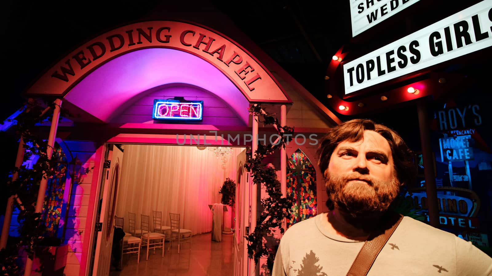 LAS VEGAS NV - Oct 09 2017: Zach Galifianakis wax figure with movie set from HANGOVER movie at Madame Tussauds museum in Las Vegas.