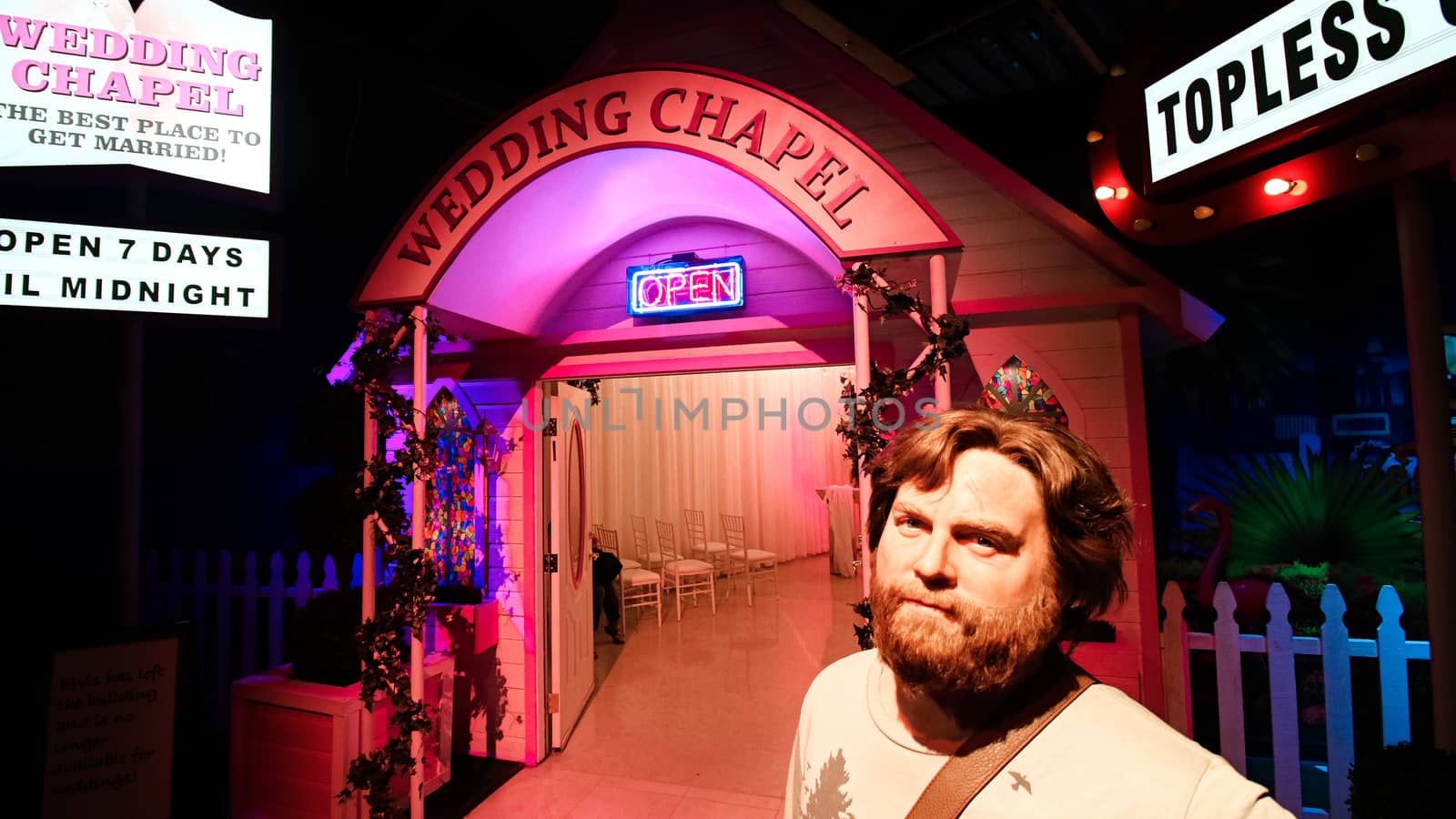 LAS VEGAS NV - Oct 09 2017: Zach Galifianakis wax figure with movie set from HANGOVER movie at Madame Tussauds museum in Las Vegas.