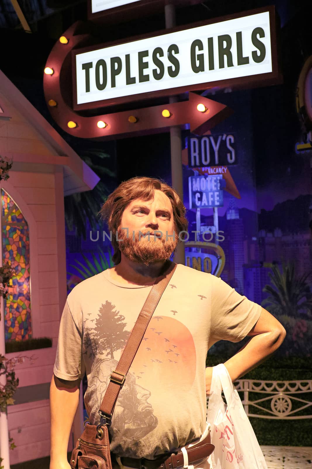 LAS VEGAS NV - Oct 09 2017: Zach Galifianakis wax figure with movie set from HANGOVER movie at Madame Tussauds museum in Las Vegas. by USA-TARO