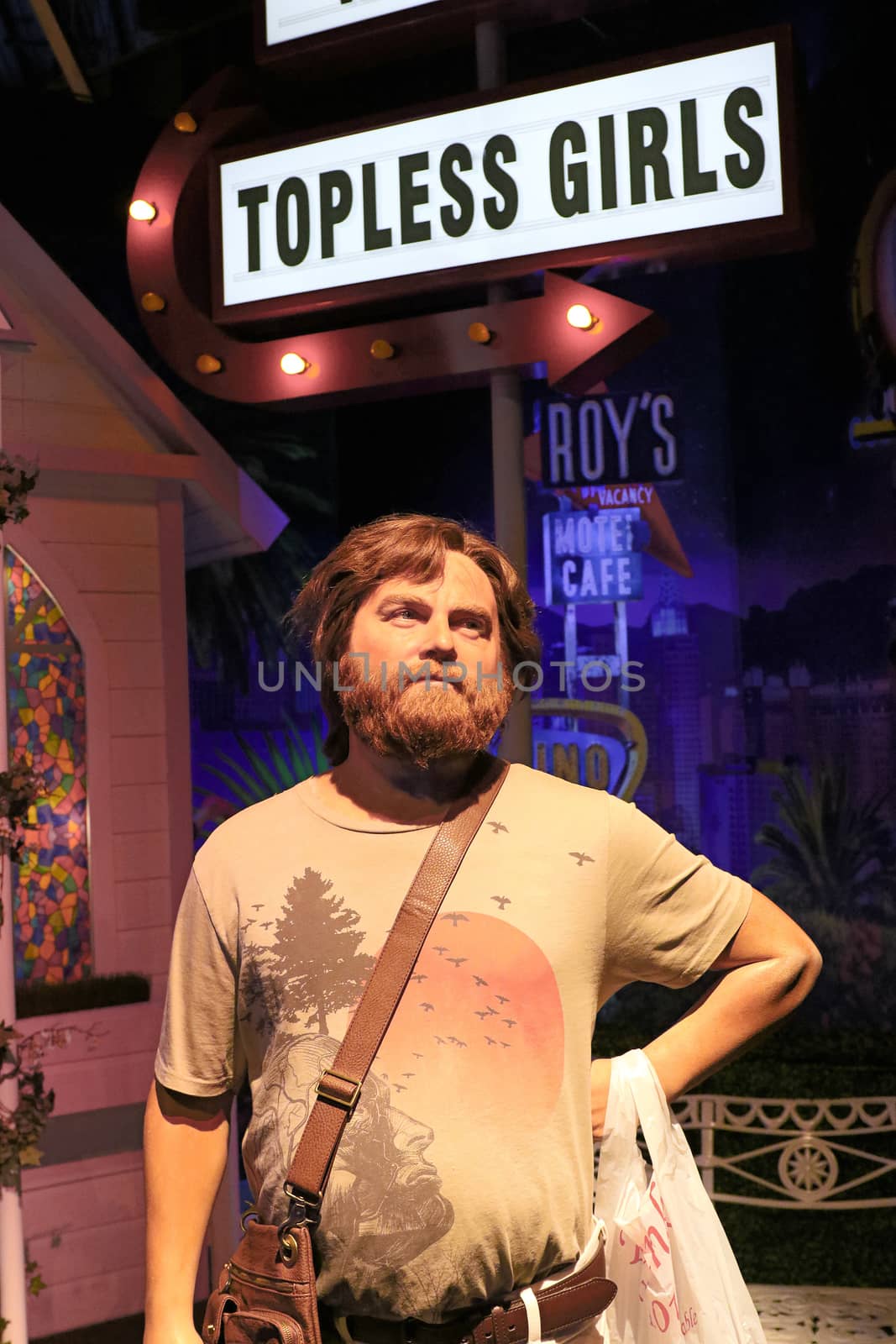 LAS VEGAS NV - Oct 09 2017: Zach Galifianakis wax figure with movie set from HANGOVER movie at Madame Tussauds museum in Las Vegas. by USA-TARO