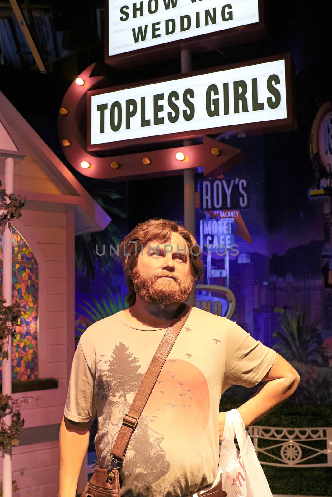 LAS VEGAS NV - Oct 09 2017: Zach Galifianakis wax figure with movie set from HANGOVER movie at Madame Tussauds museum in Las Vegas. by USA-TARO