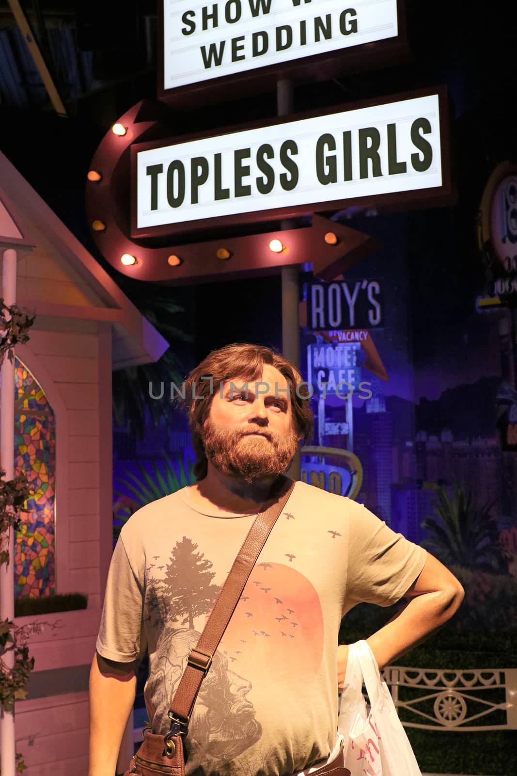 LAS VEGAS NV - Oct 09 2017: Zach Galifianakis wax figure with movie set from HANGOVER movie at Madame Tussauds museum in Las Vegas. by USA-TARO