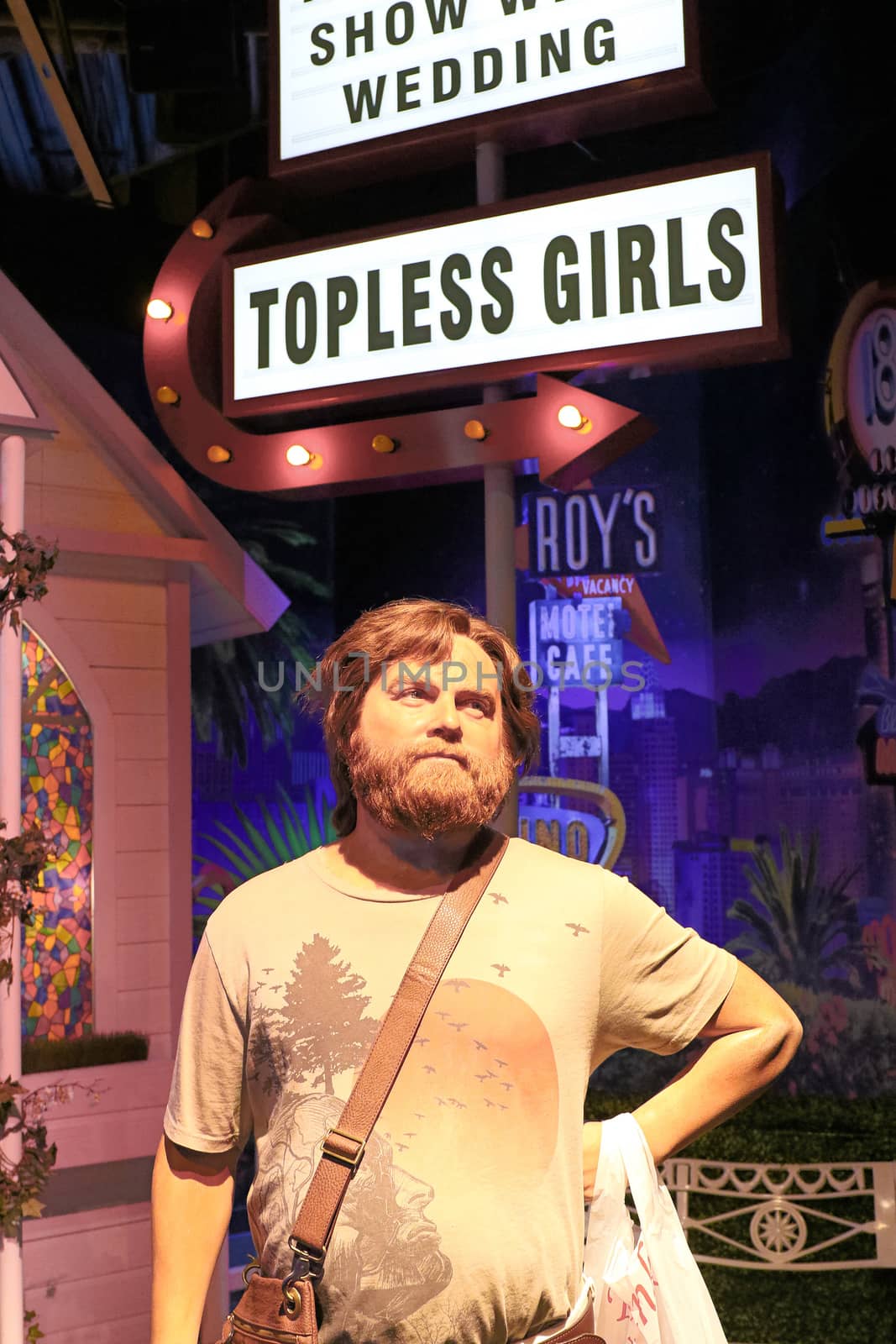 LAS VEGAS NV - Oct 09 2017: Zach Galifianakis wax figure with movie set from HANGOVER movie at Madame Tussauds museum in Las Vegas. by USA-TARO