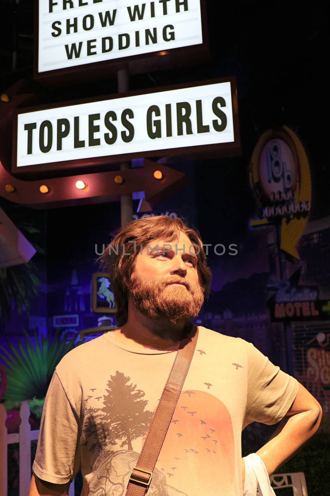 LAS VEGAS NV - Oct 09 2017: Zach Galifianakis wax figure with movie set from HANGOVER movie at Madame Tussauds museum in Las Vegas. by USA-TARO