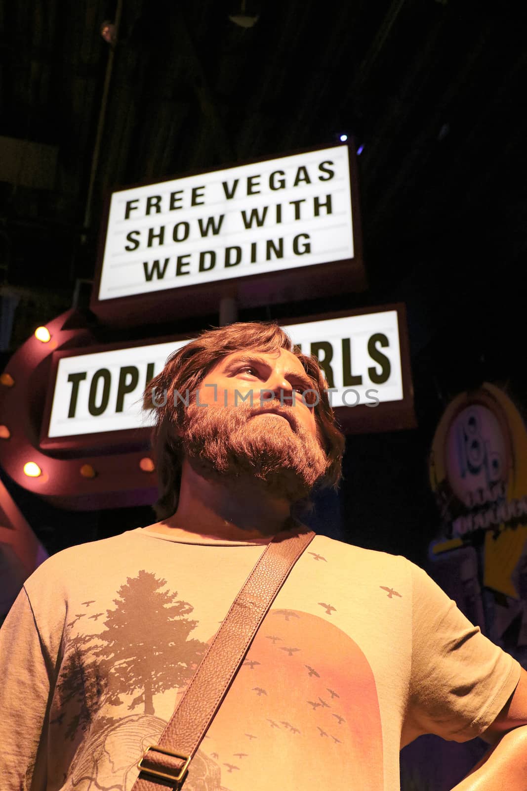 LAS VEGAS NV - Oct 09 2017: Zach Galifianakis wax figure with movie set from HANGOVER movie at Madame Tussauds museum in Las Vegas. by USA-TARO