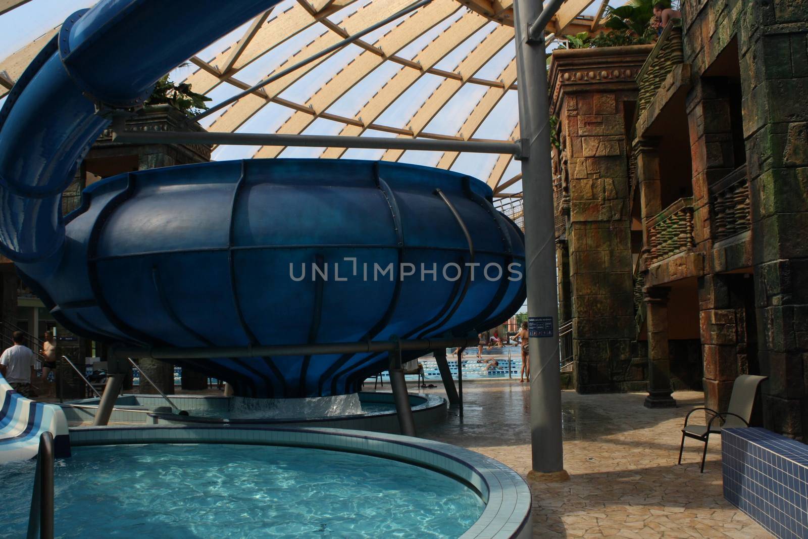 Huge blue slide and amazing interior architecture at Aquaticum in Budapest by balage941