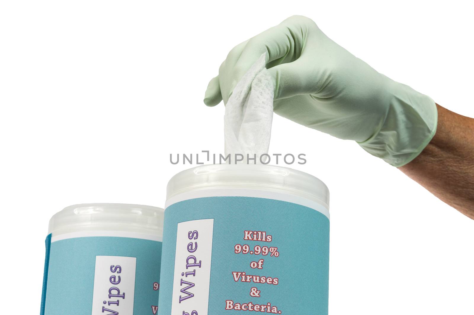 Angled close up photograph of a rubber gloved hand pulling a disinfectant wipe out of container. Isolated on a white background.