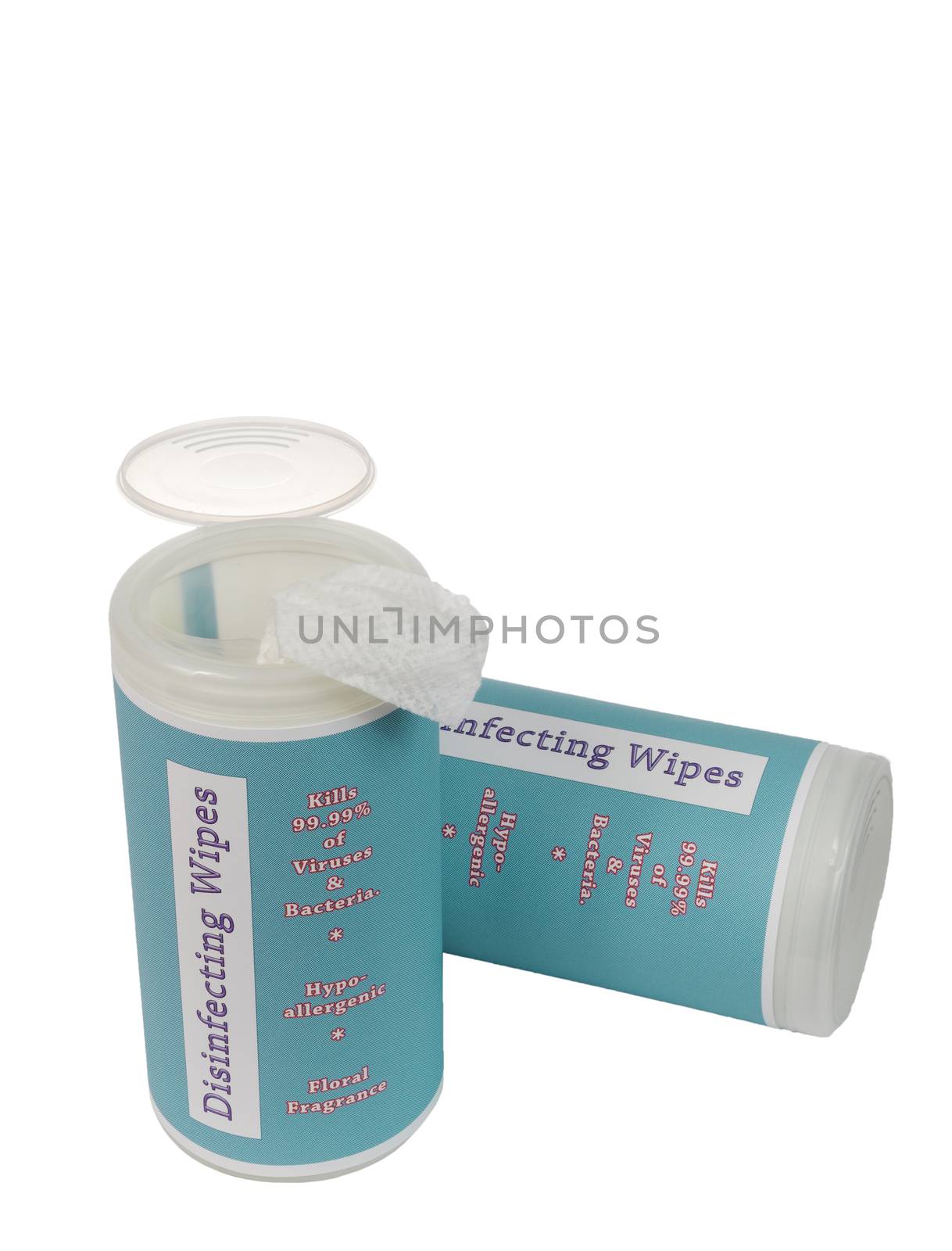 Vertical shot of a pair of containers with disinfectant wipes shot on a white background.