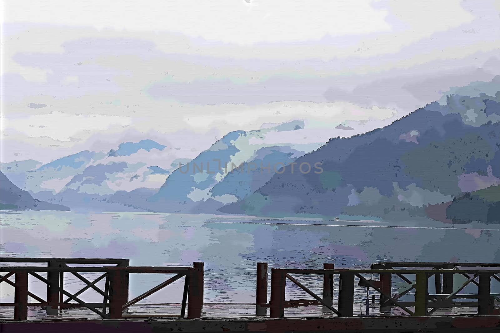 A bridge over a body of water with a mountain in the background. High quality photo