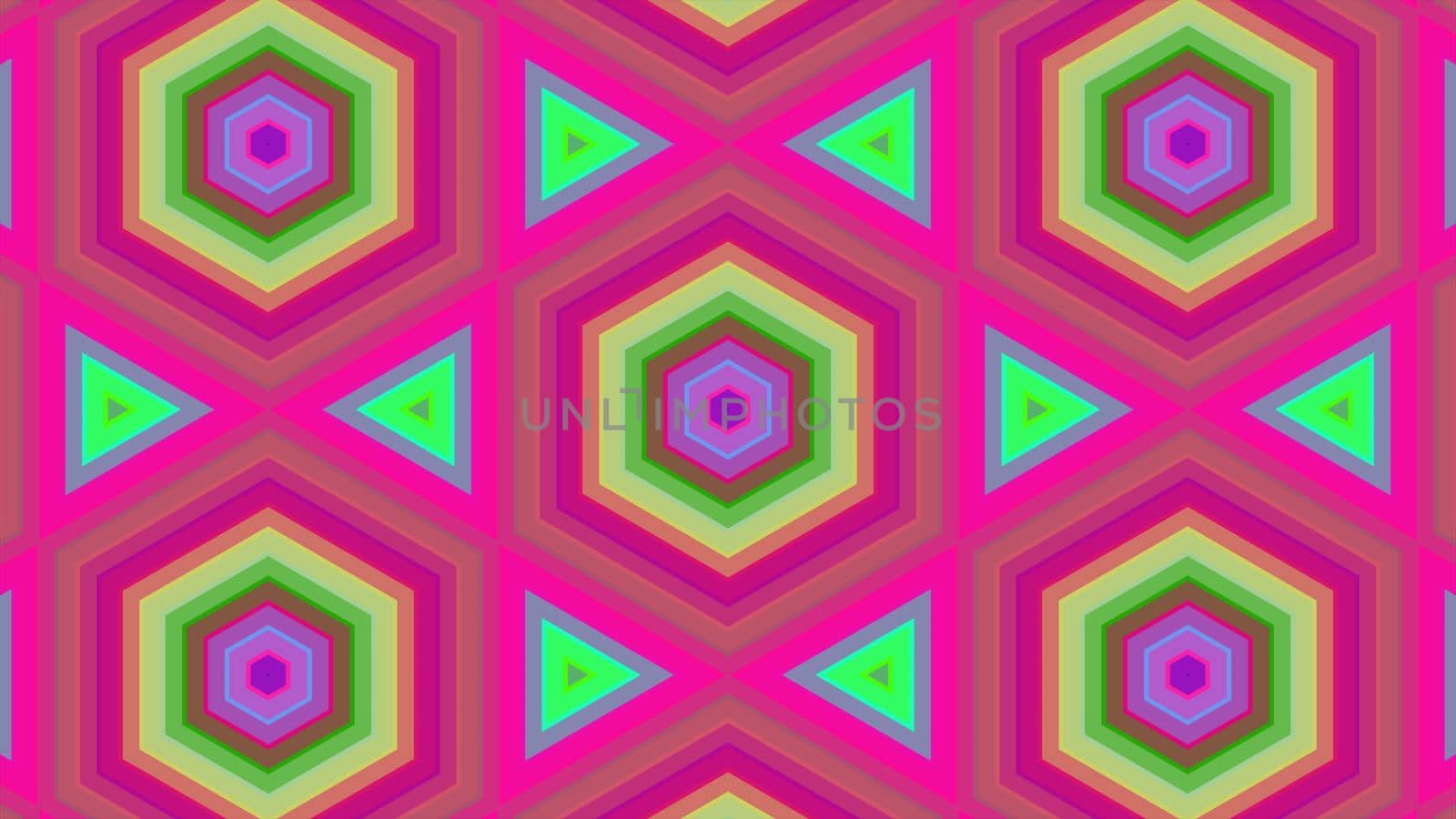 Abstract background of colorful hexagon and different surrounding rings. Abstract hexagon background.