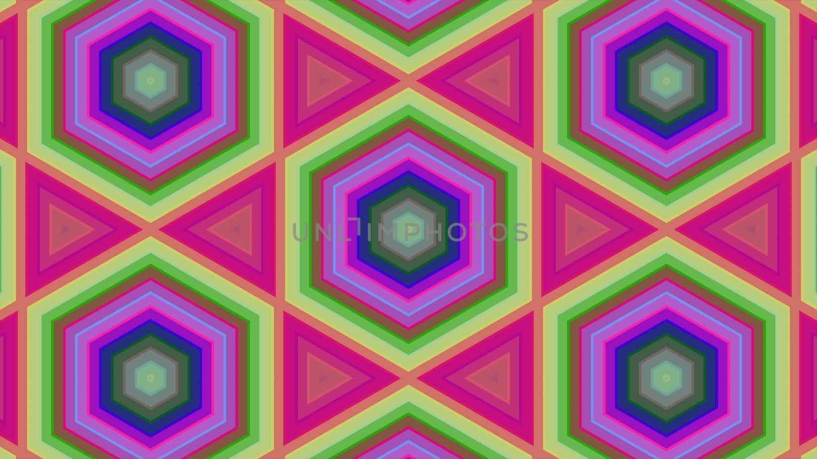 Abstract background of colorful hexagon and different surrounding rings. Abstract hexagon background.