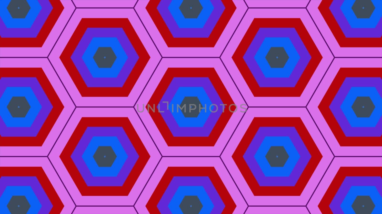Abstract background of colorful hexagon and different surrounding rings. Abstract hexagon background.