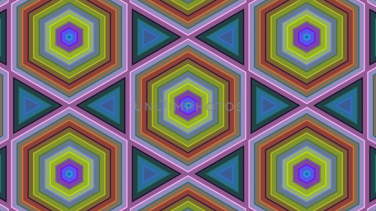 Abstract background of colorful hexagon and different surrounding rings. Abstract hexagon background.