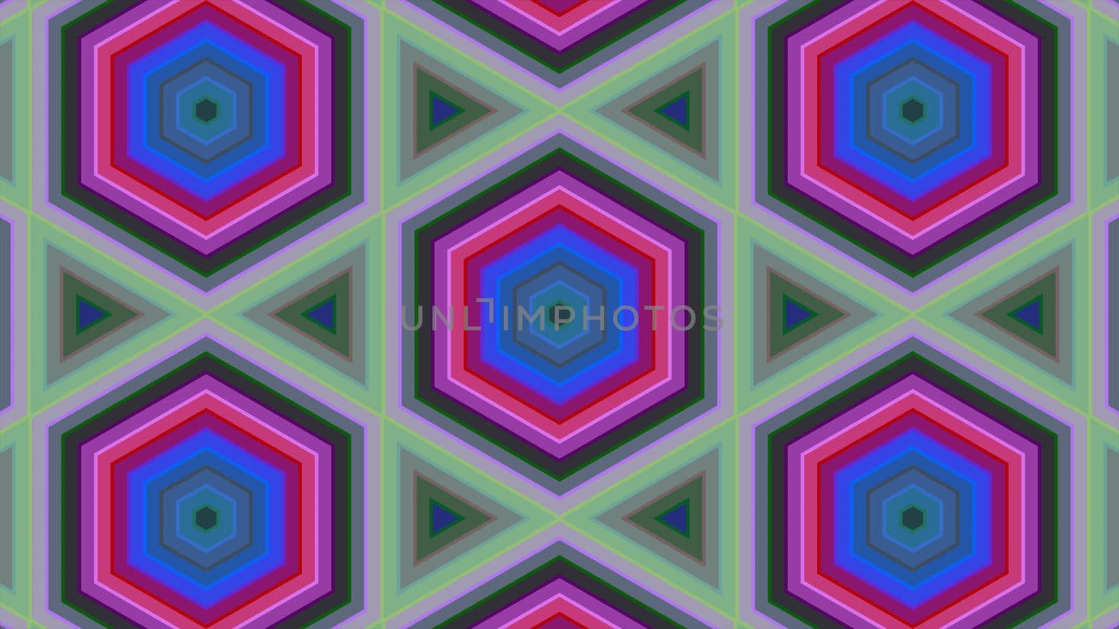 Abstract background of colorful hexagon and different surrounding rings. Abstract hexagon background.