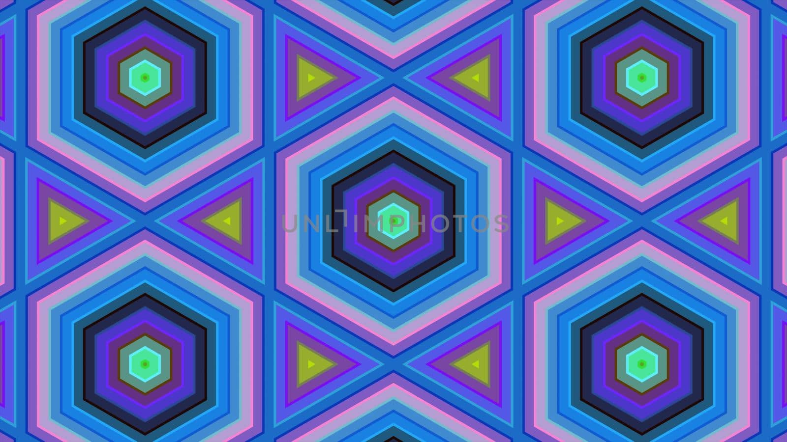 Abstract background of colorful hexagon and different surrounding rings. Abstract hexagon background.