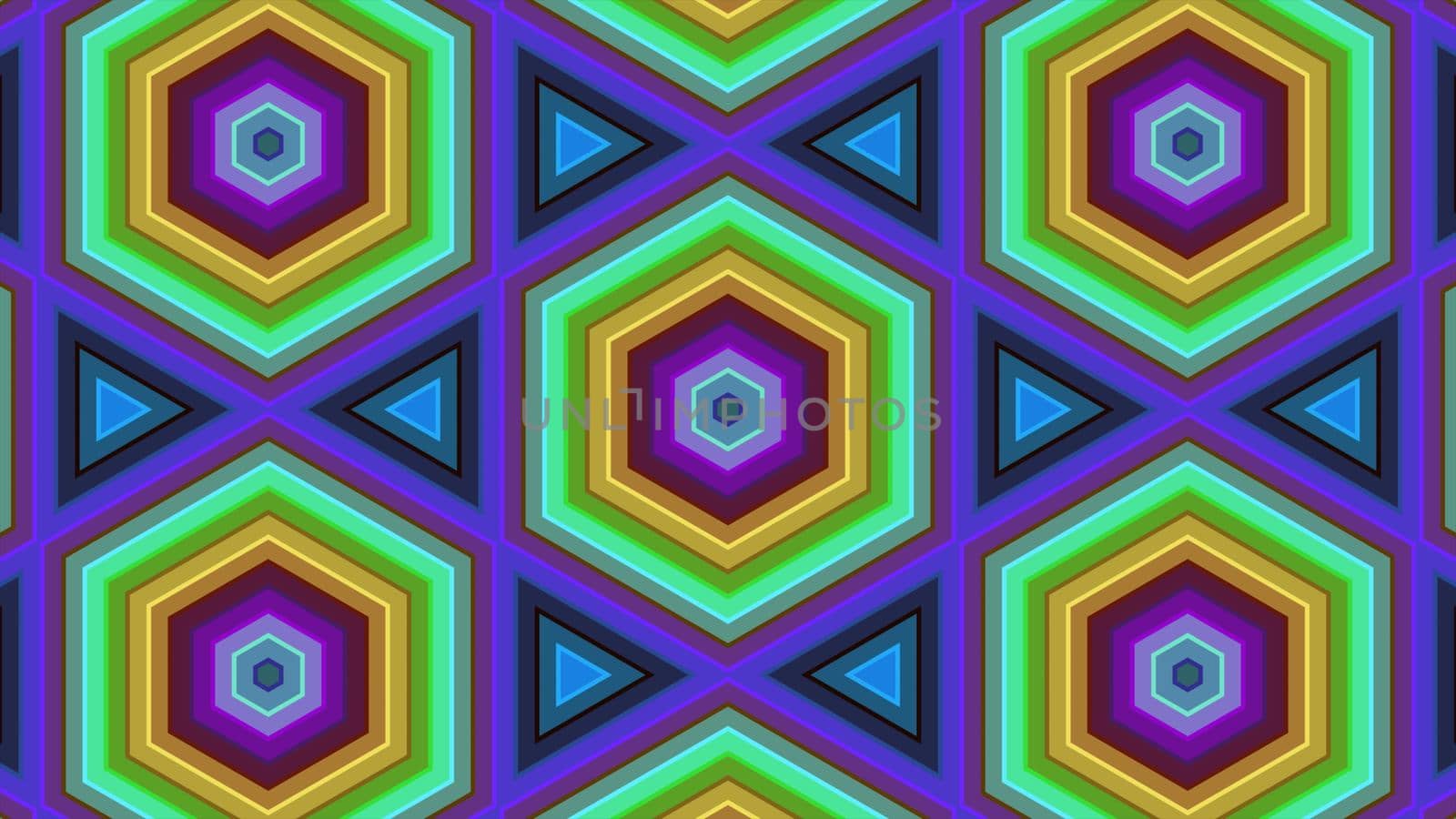 Abstract background of colorful hexagon and different surrounding rings. Abstract hexagon background.