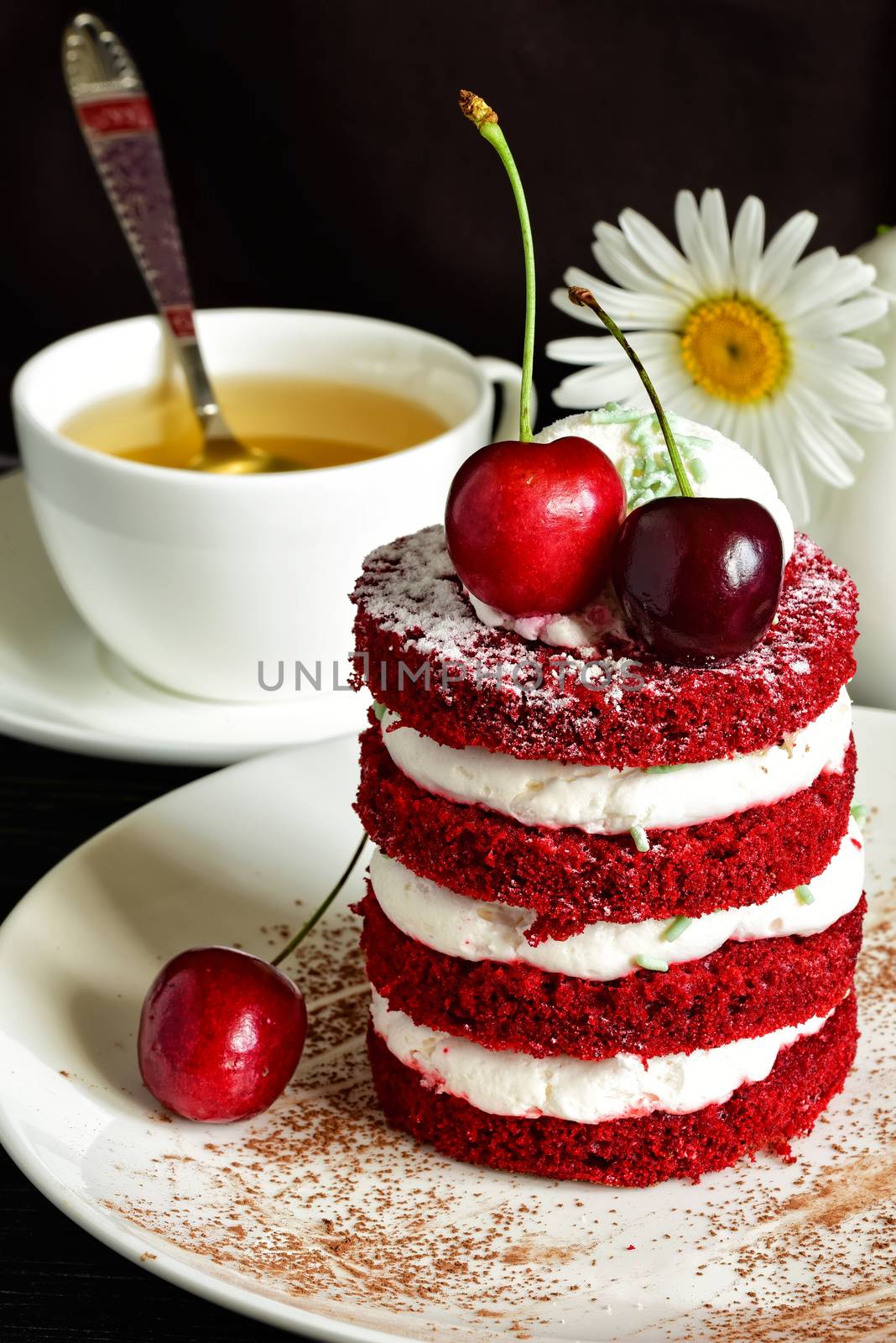 Cake sweet dessert. Red cake with cherry
