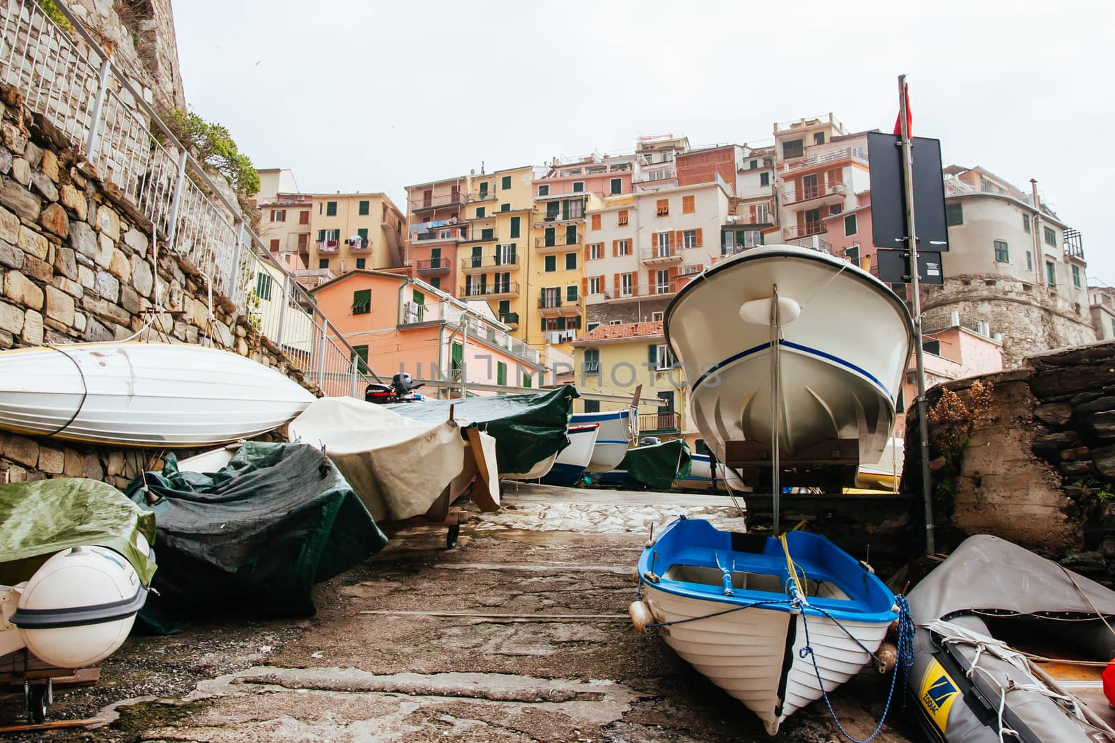 Manarola waterfront on a stormy day in the Cinque Terre, Italy