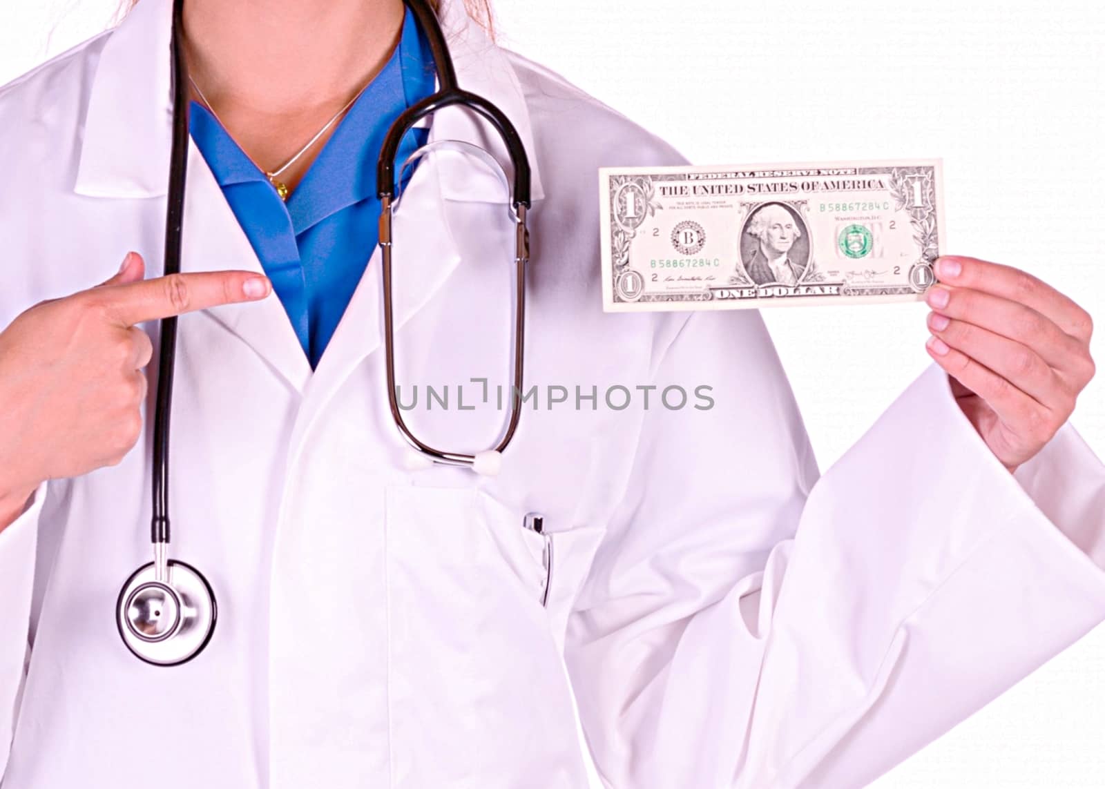 The doctor holds the one dollar note High quality photo
